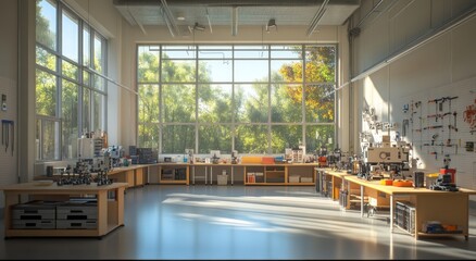 Aufkleber - A bright workshop filled with tools and equipment, designed for creative projects and innovation.