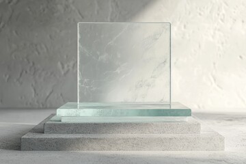 Poster - A minimalist glass display on a textured surface, ideal for showcasing products or art.