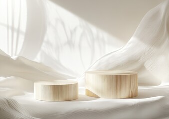 Aufkleber - Minimalistic scene featuring two wooden cylinders on a soft, draped fabric background.