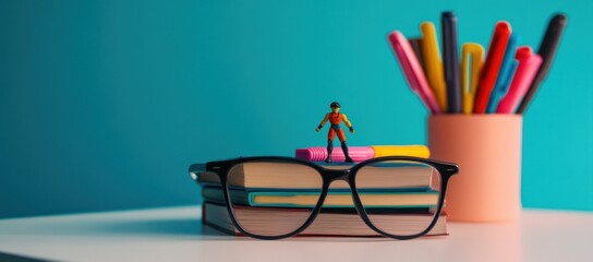 Poster - A pair of glasses with a toy figure on books beside a colorful pen holder.