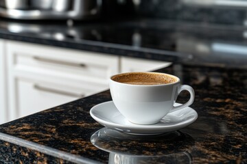 Poster - A white coffee cup on a glossy countertop, filled with coffee and resting on a saucer.
