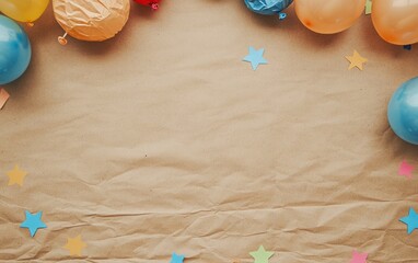 Poster - A festive scene with colorful balloons and star-shaped confetti on a brown paper background.