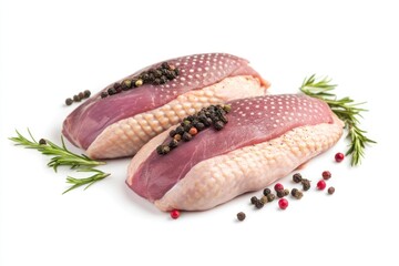 Poster - Fresh duck breasts with peppercorns and herbs on a white background.