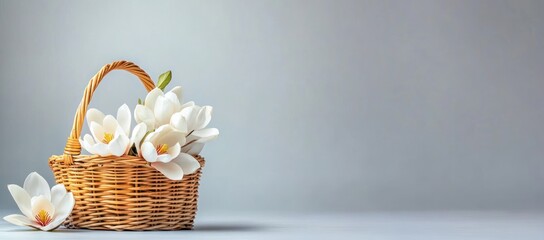 Poster - A woven basket filled with white flowers, creating a serene and elegant atmosphere.