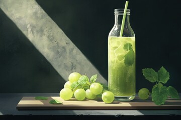 Poster - A refreshing green drink in a bottle with grapes and mint, illuminated by soft light.