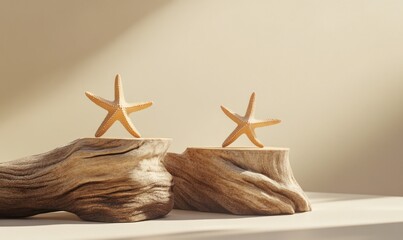 Leinwandbilder - Two wooden bases with starfish sculptures, showcasing a minimalist coastal decor aesthetic.