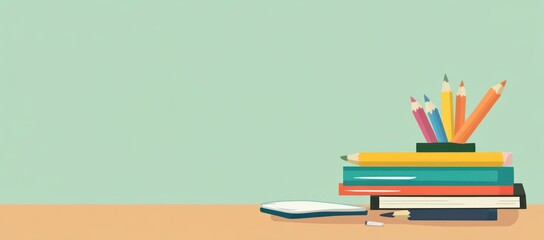Poster - A minimalist illustration of stacked books and colored pencils on a desk.