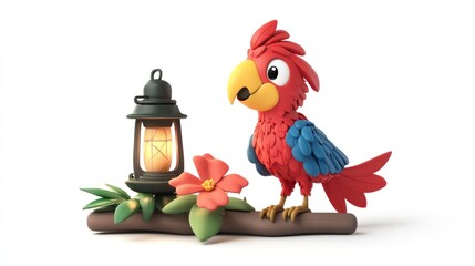 Poster - A colorful cartoon parrot perched on a branch beside a lantern and flower.