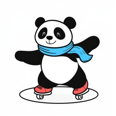 Poster - A playful panda skating on roller skates, wearing a blue scarf.
