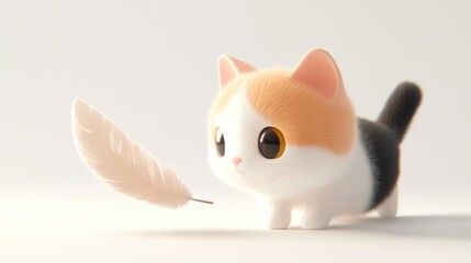 Poster - A cute, stylized kitten curiously interacts with a soft feather.