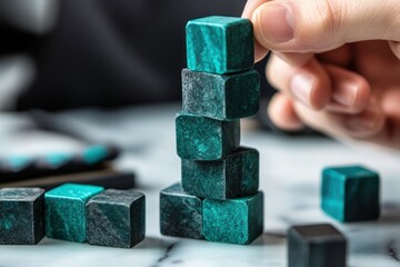 Aufkleber - A hand stacking teal and black cubes on a marble surface, emphasizing balance and structure.