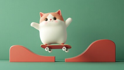 Leinwandbilder - A cute cat character skateboarding over two ramps in a playful, colorful setting.