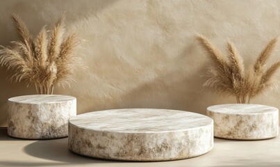 Poster - A serene interior featuring round stone tables and decorative pampas grass.