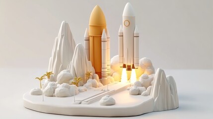 Poster - A stylized rocket launch scene with mountains and palm trees, showcasing space exploration.