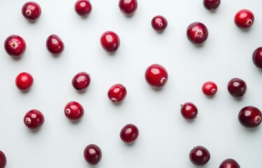 Sticker - A flat lay of scattered red cranberries on a light background.