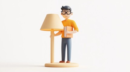 Poster - A 3D character holding books next to a lamp, symbolizing knowledge and study.