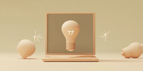 Aufkleber - A minimalist scene featuring a light bulb on a laptop, symbolizing ideas and creativity.