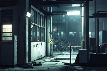 Poster - A dimly lit industrial space with debris, evoking a sense of abandonment and mystery.