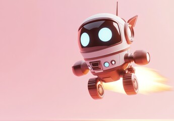 Fototapete - A cute robot with glowing eyes and jet propulsion flying through a pastel background.