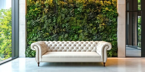 Poster - A modern lounge featuring a tufted white sofa against a lush green living wall.