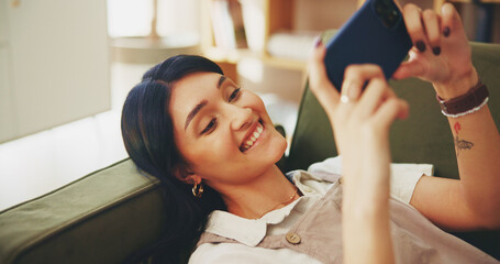 Aufkleber - Smile, phone and streaming with woman on sofa for subscription, social media and movie app. Connection, post and internet with female person in living room at home for mobile, web and relax.