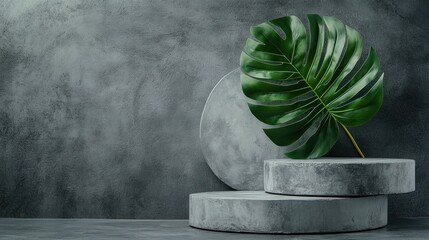 Leinwandbilder - A minimalist composition featuring concrete shapes and a large green leaf against a gray backdrop.
