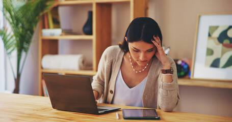 Aufkleber - Tablet, laptop and freelancer with woman in home office for virtual assistant, online news and contact. Email marketing, remote work and research with person in apartment for internet and networking