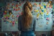 © Thali - A businesswoman writing down ideas on sticky notes, standing in front of an office whiteboard with many post-it notes attached to it