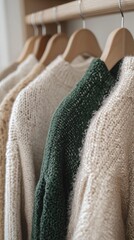 Fototapete - A collection of textured, knitted sweaters is beautifully arranged on wooden hangers, showcasing earthy tones and intricate patterns. This warm ambiance invites cozy autumn vibes