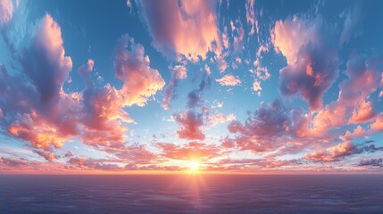 Aufkleber - As dawn breaks, breathtaking shades of pink and blue blend across the sky, illuminating soft clouds above a serene ocean horizon. This stunning panorama captures nature's artistry at sunrise