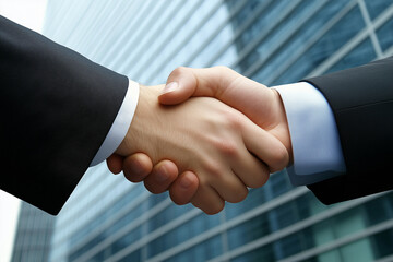 Poster - Two men shaking hands in front of a building. Scene is professional and formal