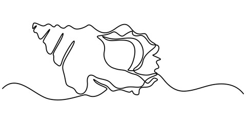 Poster - snail conch continuous line vector illustration, Continuous one line drawing of conch snail shell. Seashell symbol and banner of beauty spa and wellness salon in simple linear style. Editable stroke. 