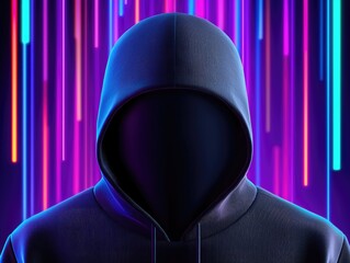 Poster - Mysterious hooded figure digital space graphic design neon environment front view cyberpunk concept