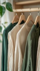 Poster - Wooden hangers display a collection of soft, textured garments in soothing shades of green and cream. Lush greenery peeks into the frame, creating an inviting atmosphere filled with calm