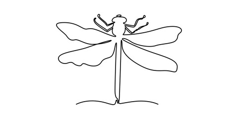 Aufkleber - Continuous one line drawing. Flying dragonfly logo. Black and white vector illustration. Concept for logo, card, banner, poster, flyer, Dragonfly continuous one line art drawing of outline pro vector.
