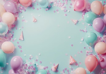 A light blue background with birthday party decorations on the bottom, birthday balloons and confetti on the top, in a minimalistic