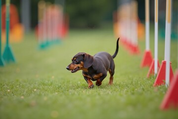 Dachshund running agility course, canine sports competition