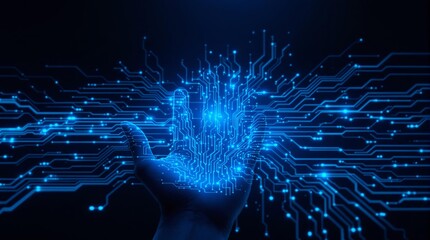 Aufkleber - Futuristic glowing blue circuit hand on dark background symbolizing technology and connection.