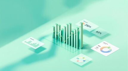 Aufkleber - Abstract financial data visualization with charts, bar graphs, and percentages on a green background.