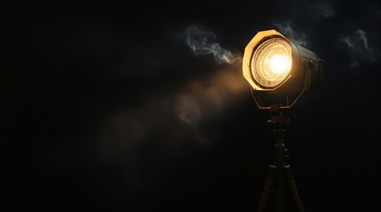 Poster - Vintage spotlight on tripod emitting bright light, surrounded by smoke, placed against a black background. Concept of theater and film lighting.