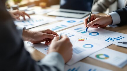 Aufkleber - Hands analyzing financial charts and data with pens and papers on a desk in a workplace setting.