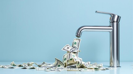 Poster - Money flowing from a faucet concept on a light blue background.