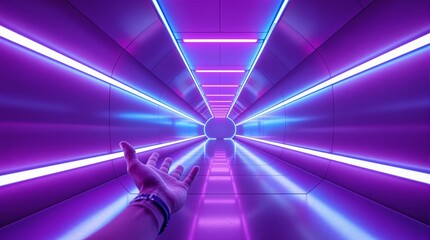 Poster - Hand reaching toward futuristic tunnel with neon purple and blue lights.