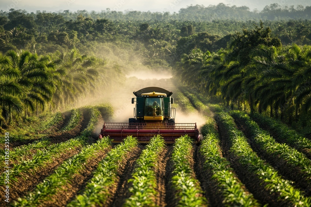 Combine harvester working in a field of crops amidst palm trees ...