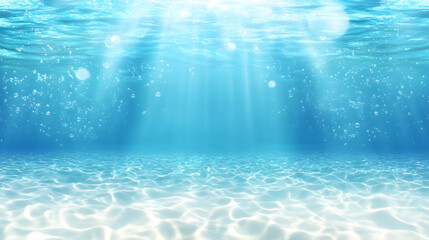 Poster - A serene underwater scene with soft blue hues and gentle light beams illuminating the sandy bottom