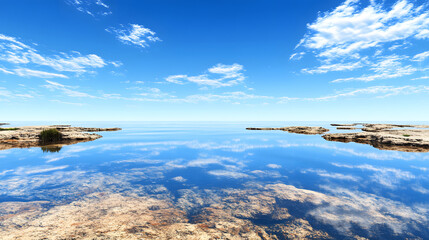 Aufkleber - A serene landscape featuring a vast body of water reflecting a bright blue sky with scattered clouds, creating a tranquil and picturesque scenery