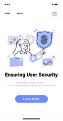 Poster - User security concept with woman holding shield fingerprint lock icons documents minimalist doodle style mobile app screen