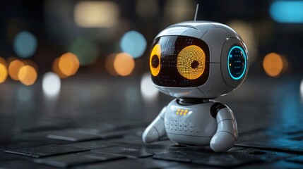 Poster - Set in a colorful urban environment, a futuristic robot stands with glowing eyes, symbolizing the power of AI in breaking language barriers and enhancing communication across cultures