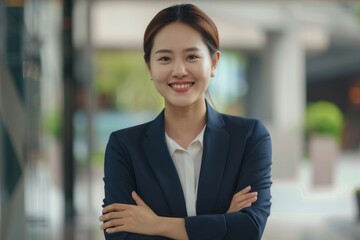 Wall Mural - Happy Asian businesswoman standing with crossed arms  smiling at camera.