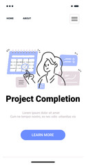 Poster - project completion concept with person checking calendar and charts in minimalist doodle style mobil